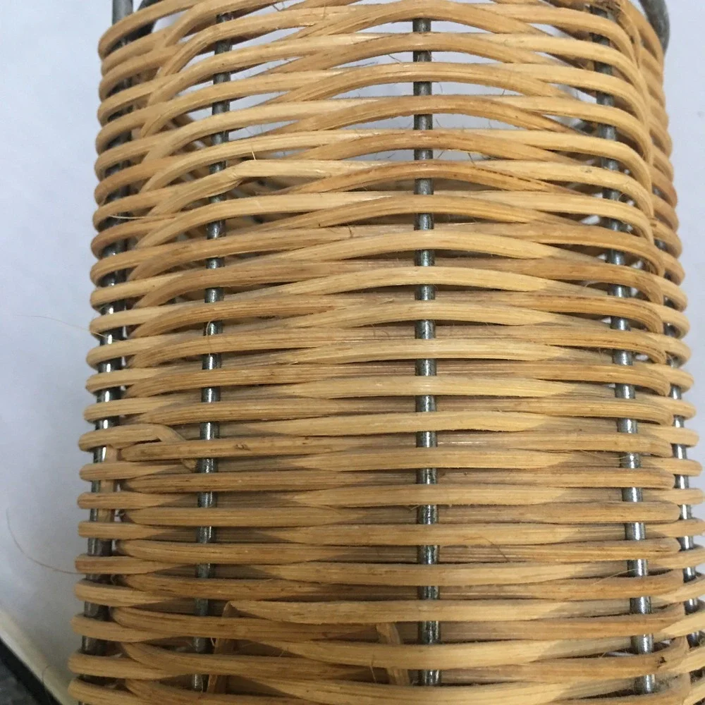 Woven Wicker Wine Bottle Holder Tan Metal Frame Arched Handle Utensil Rustic